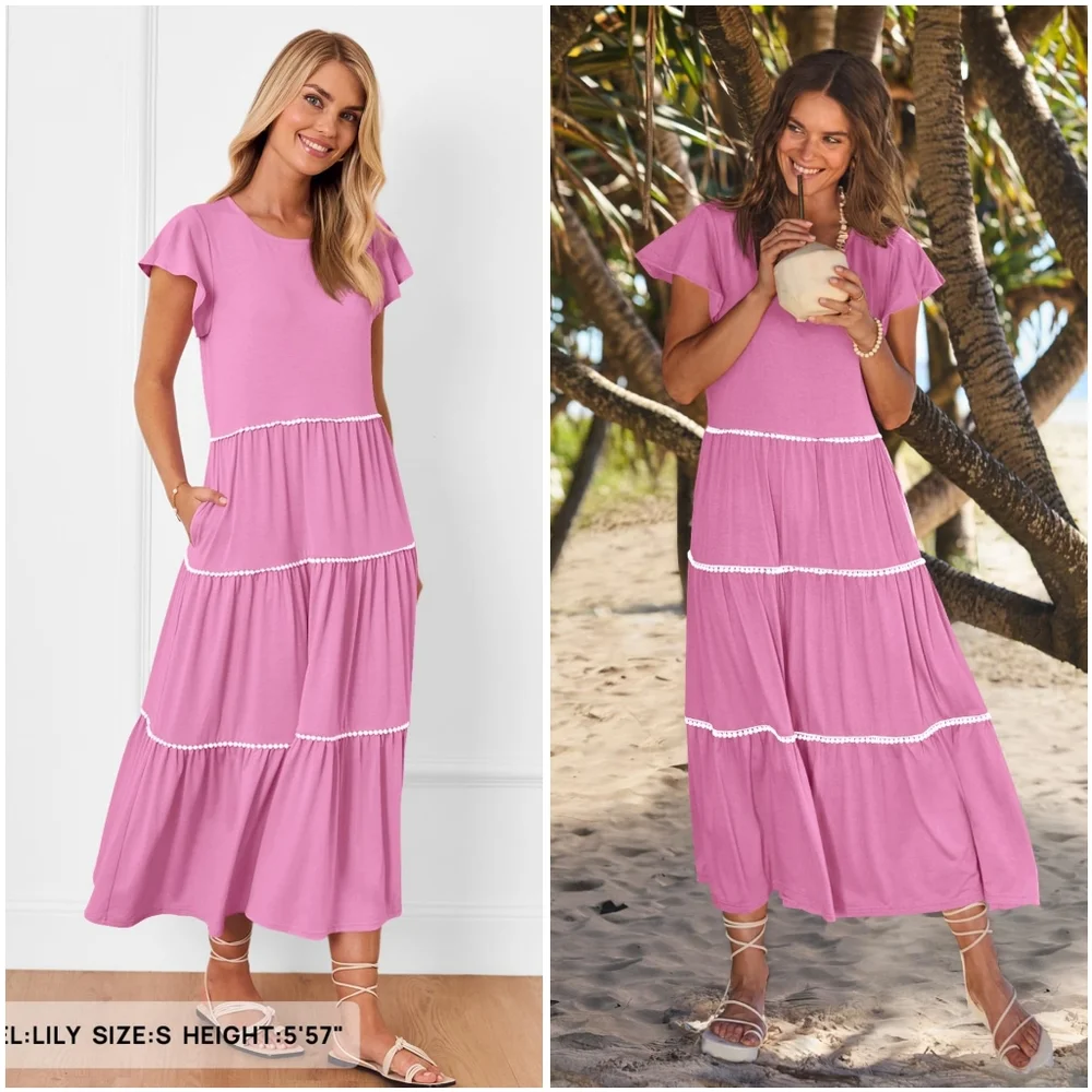 NWT Merokeety Pink Flutter Sleeve Crochet Crew Flowy Tiered Shirt Dress Maxi M - Picture 2 of 11